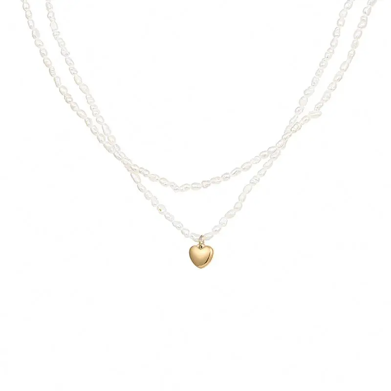 

2021 Hot Selling 14K Gold Plated Fresh Pearl Double Layered Heart Pendant Necklace