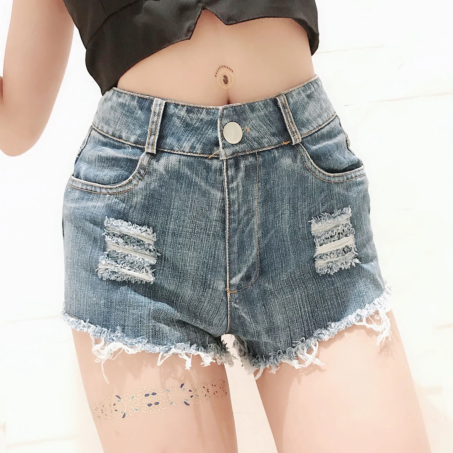 

Solid Color Tight Shorts for Girl Sexy Nightclub Shorts High Waist Hole Hot Pants for Woman, White, black, light blue