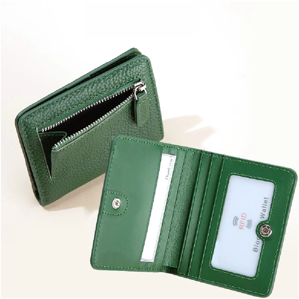 

In Stock Multi-Slots RFID Genuine Leather Card Holder Wallets with Zip Pocket Anti-Theft Short-Length Bifold Card Wallet