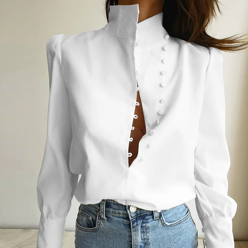 

Women's Fall Stand Collar Solid Color Loose Long Sleeve Cardigan Shirt with Single Breasted, As pictures show