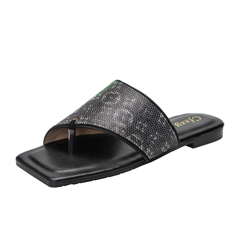 

2021 Fashion Square Taper Rainbow Flat Sandals Solid Color Casual Slipper with Flat Heel for Women