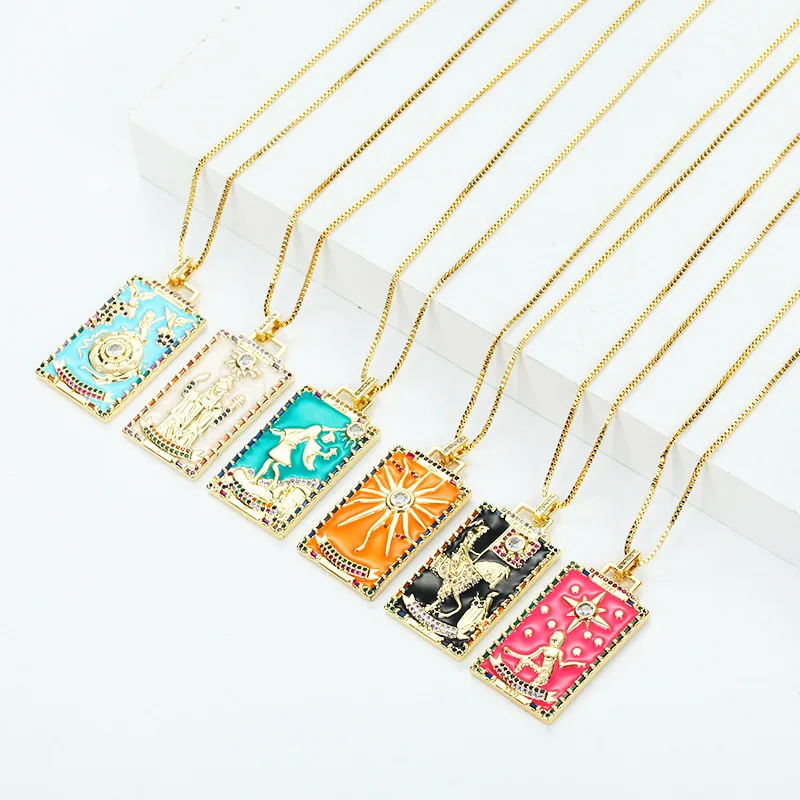 

18K Gold Plated Geometric Square Symbolic Painting Pendant Religious Jewelry For Women Men Colorful Enamel Tarot Card Necklace