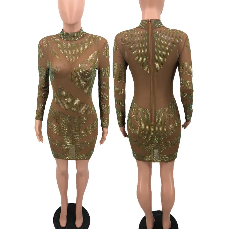 Hot selling CD8221 women fashionable long sleeve rhinestone mesh bandage mini dress