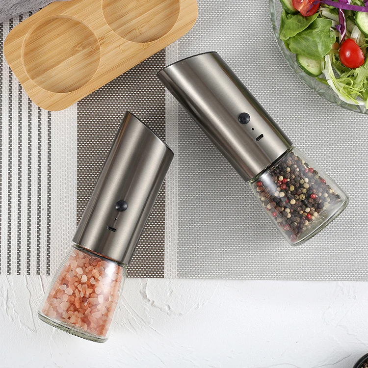 

new arrival USB rechargeable electric automatic Salt Pepper spice Grinder mill set with glass bottle jar ceramic core burr, Stainless steel