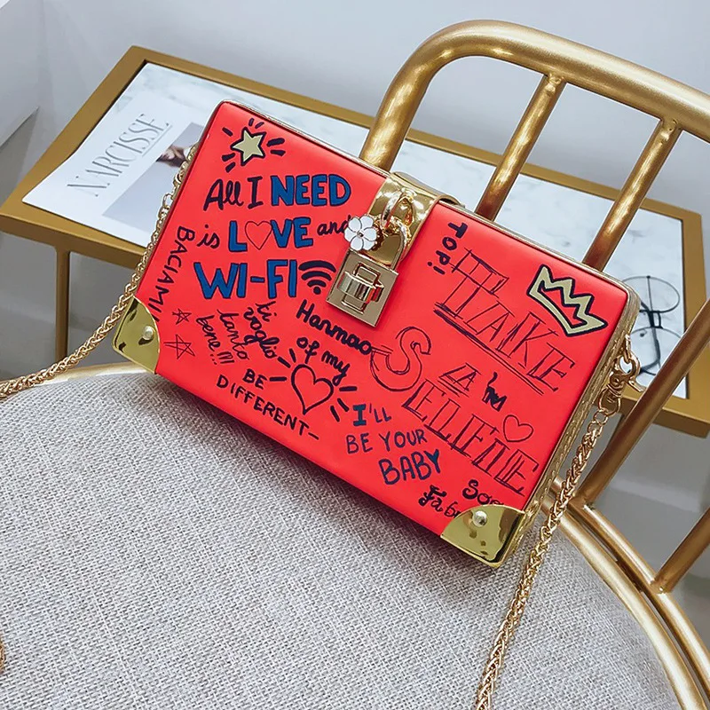 

Ladies evening purse small square box purse fashion graffiti bag handbag for women trendy casual crossbody shoulder chain bag, Black,red,white,orange,purple,green