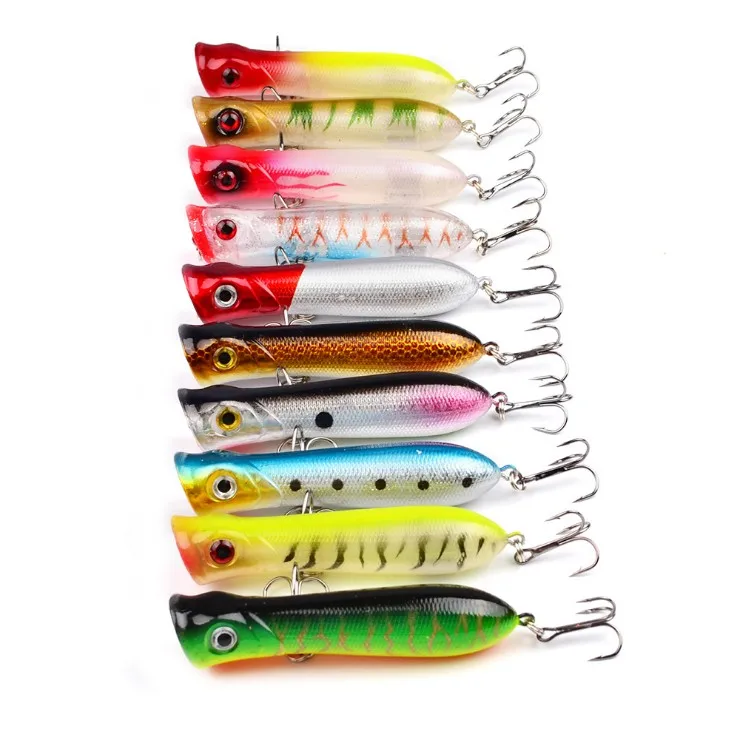 

New style 10 colors fishing gear popper bait 8cm 12g 6# black hook plastic bait