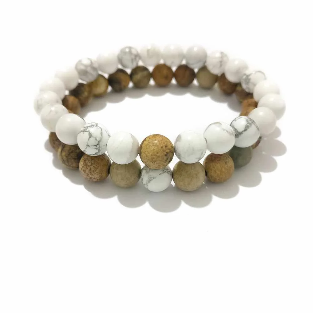 

Hot Fashion 8mm Howlite Picture Jasper Beads Men's & Women Couple Energy Stone Mala Bracelet Set, Same as picture