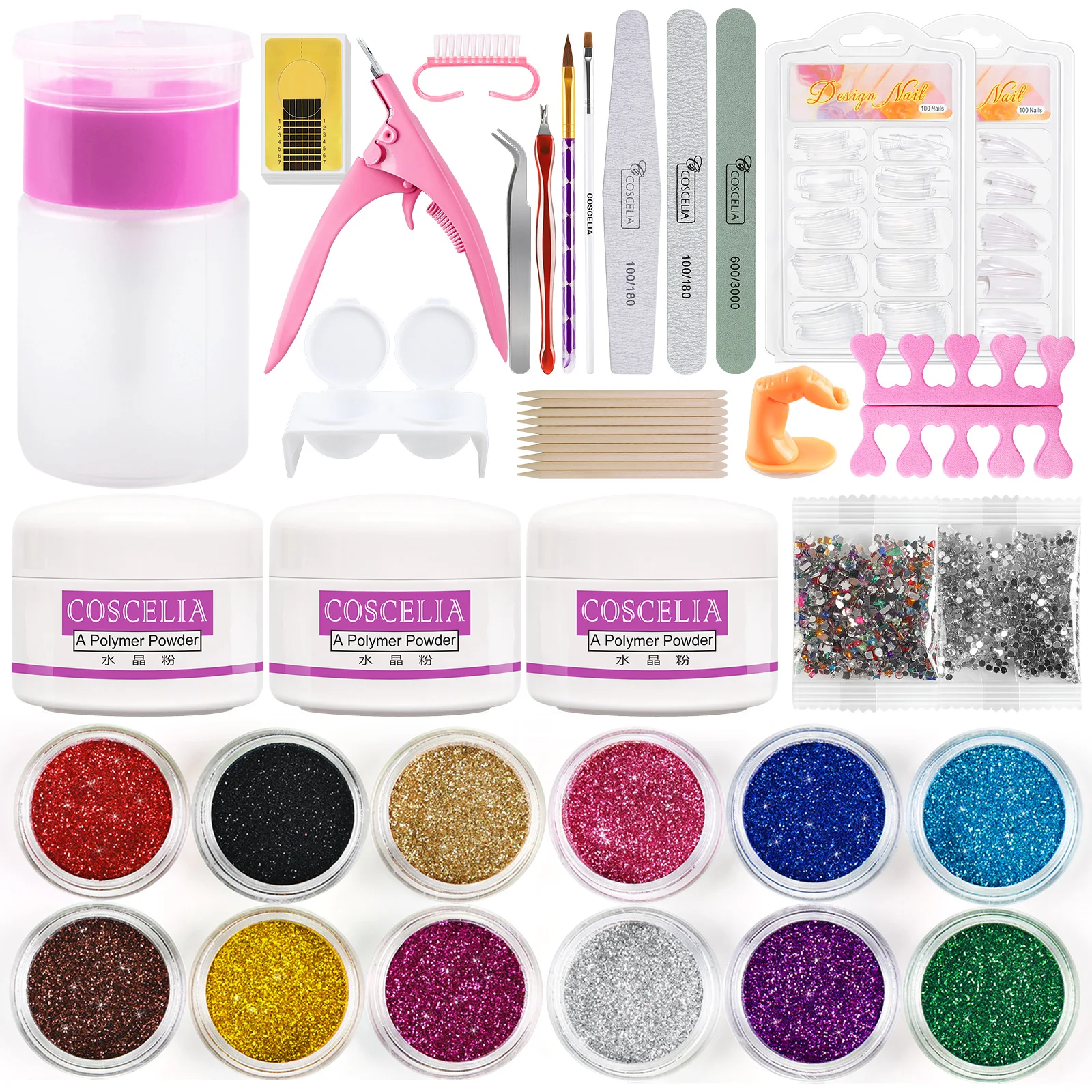 

COSCELIA Acrylic Nail Set Wholesale Glitter Nail Powder Full Acrylic Nails Kit for Manicure, 3 colors