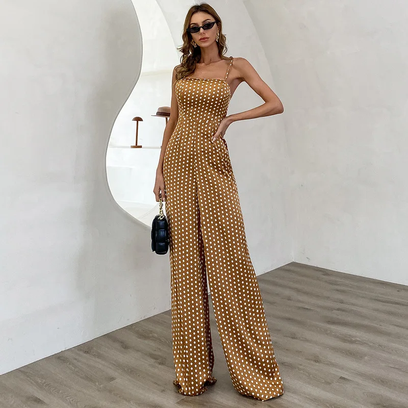 

Casual Loose Spaghetti Strap Polka Dot Macacao Tuta Brown Wide Leg Jumpsuit Women Mono Mujer Sling Jumpsuit Women Jumpsuits