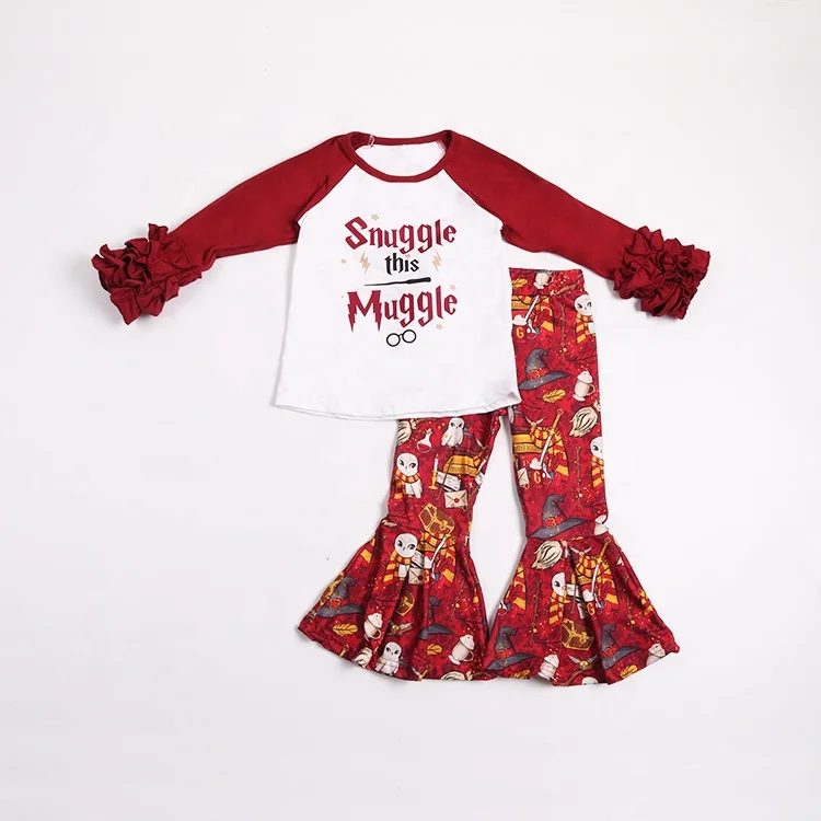 

2020 New design fall Girls animal print red Long sleeve style ruffle girl outfit with Bell Bottom Pants