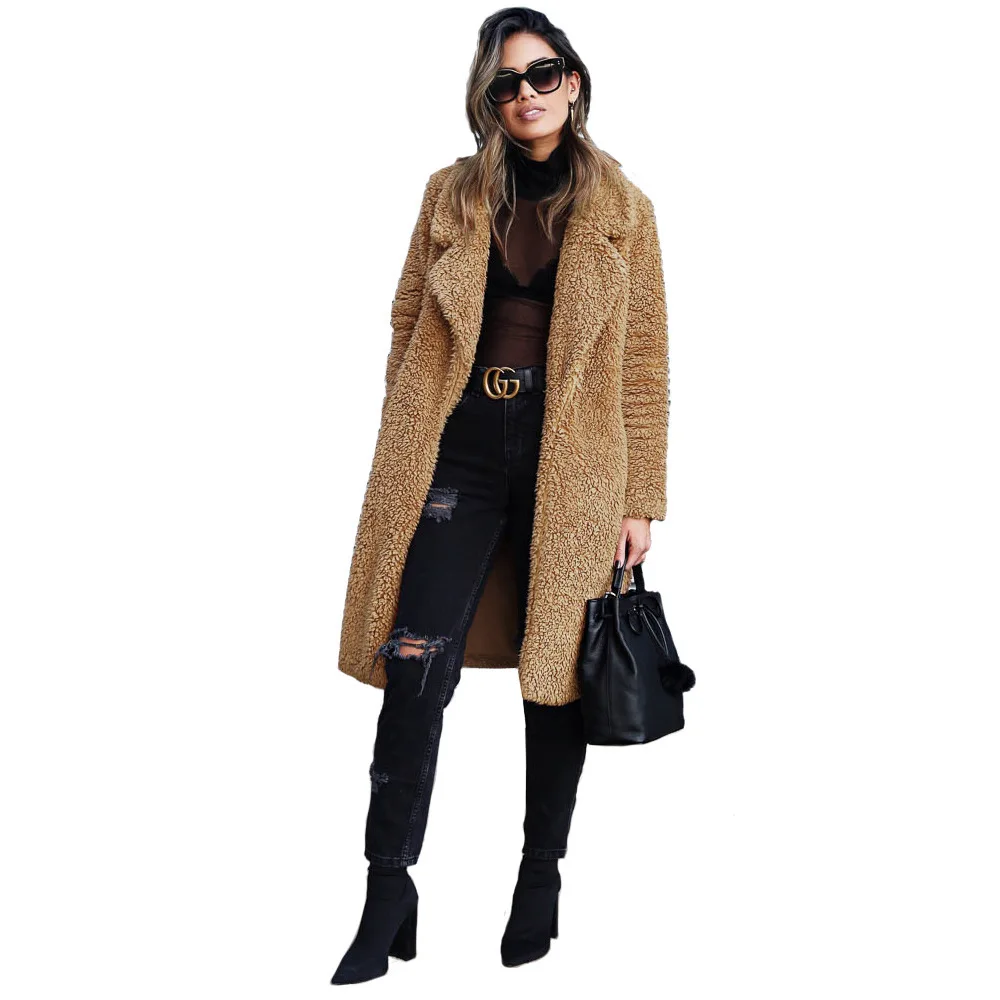 

Wholesale Winter Hot Sale Long Sleeved Turn-down Collar Ladies Teddy Coats Sweater Mid-length Women Coat, Customized color