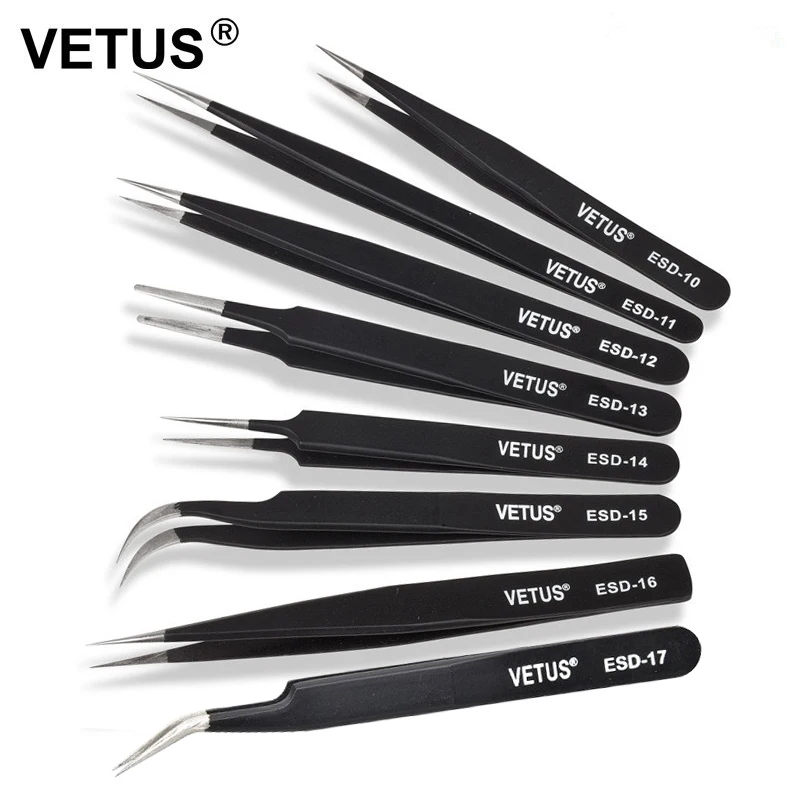 

Vetus ESD Tweezers Professional Anti-Static Stainless Steel Eyelash Extension Tweezers, Black