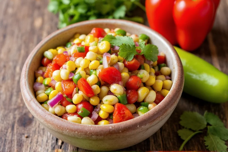 Colorful bowl of fresh banana pepper and corn salsa with diced peppers, corn kernels, red onion, and cilantro on a rustic wooden table