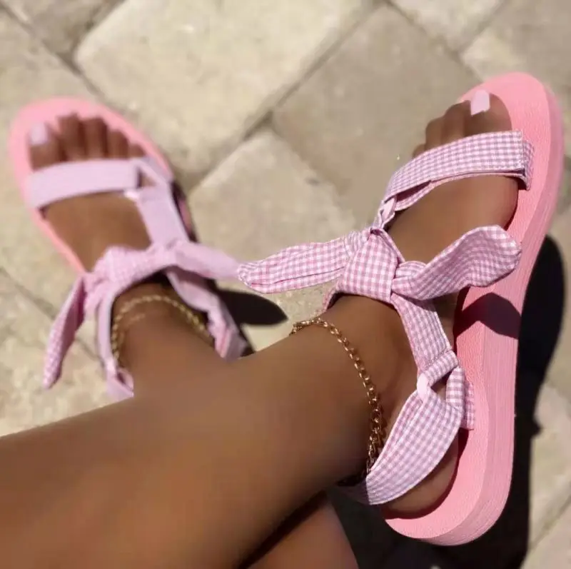 

2021 Europe&American new trendy summer simple bow sandals casual plus size outdoor plaid beach sandals women shoes, Five colors or customized