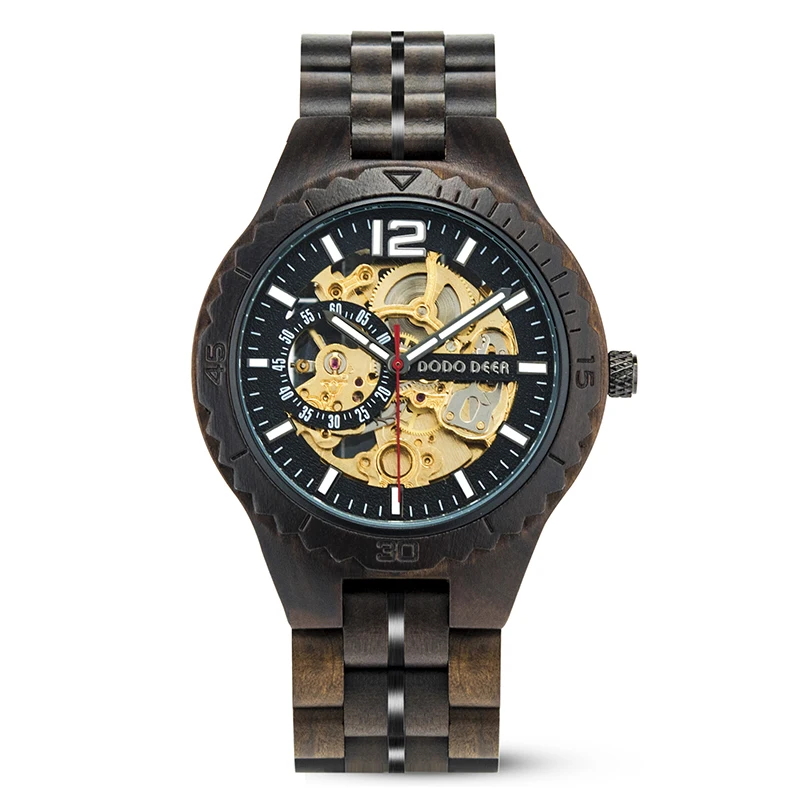 

5 atm waterproof custom logo steel watches wooden automatic skeleton mechanical watch for men