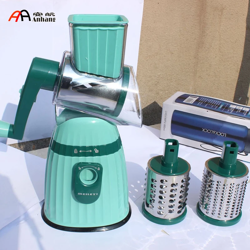 Round Mandoline Vegetable Slicer 3Pcs Stainless Steel Drum Blades Manual Veggie Chopper Cheese Shredder