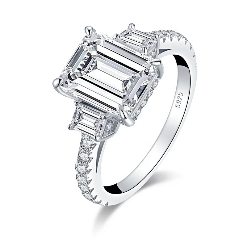 

925 Sterling Silver 3 Stone Models Female Ring New Bridal Jewelry 3A CZ Diamond Emerald Cut Wedding Engagement Ring