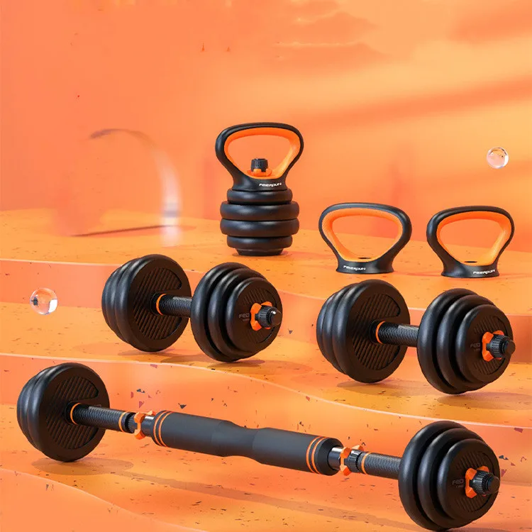 

New style 6 in 1 adjustable fitness equipment barbell set kettle bell combination suit dumbbell set, Black + orange