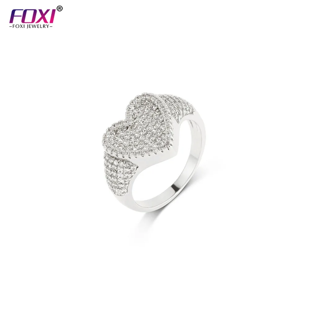 

Hot Sale Iced Out White Cubic Zircon Bling Bling Full Micro Paved Round Diamond Heart CZ Rings