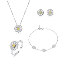 

925 sterling silver flower daisy ring earrings bracelet necklace full set jewelry for women