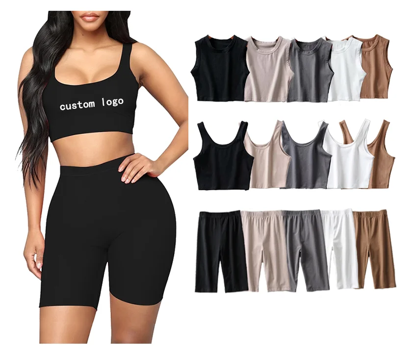 

Wholesale manufacturer cotton soft fabric women crop top with biker shorts outfit yoga wearing sport suits two pieces sets, 5 colors