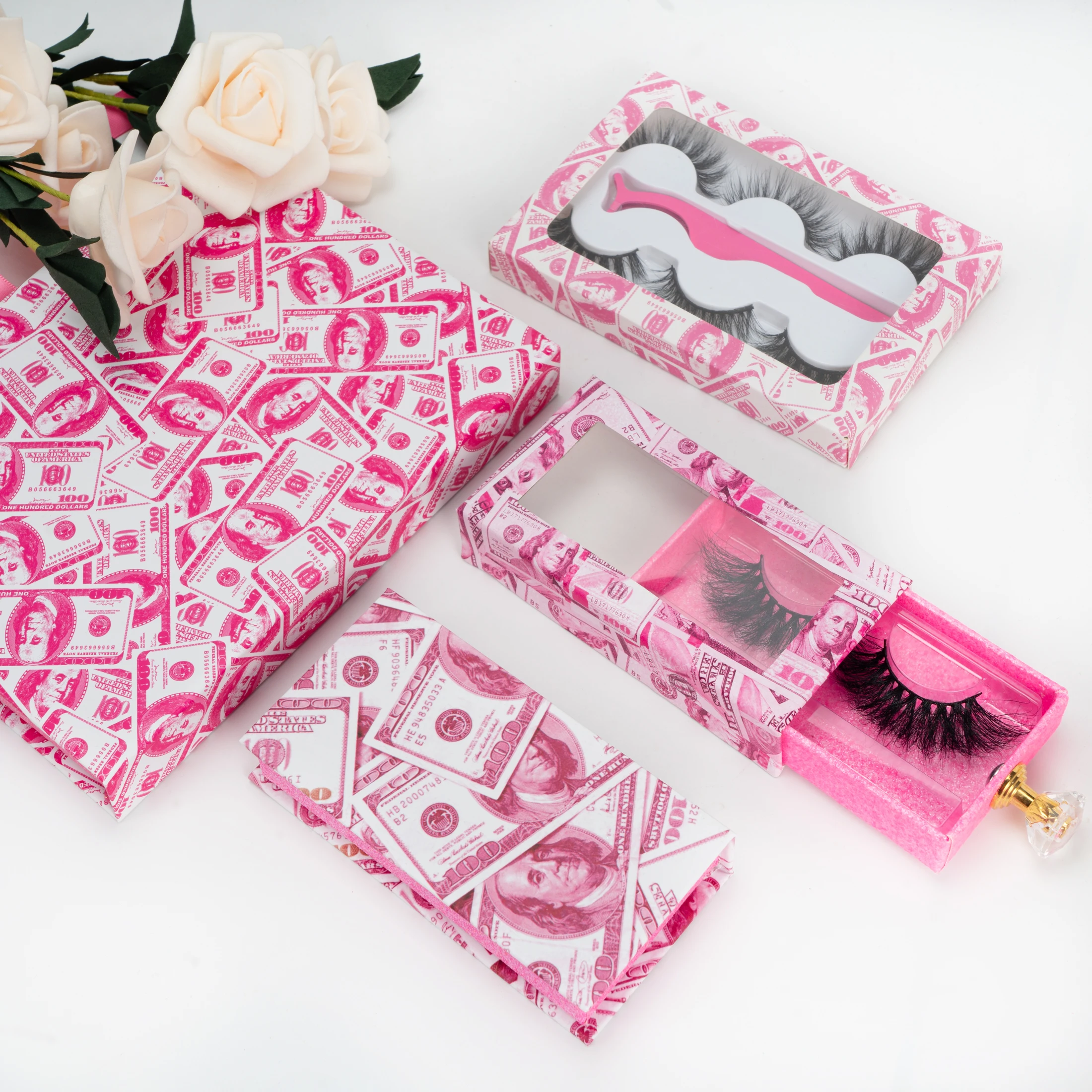 

wholesale empty pink money eyelash box 25mm mink false eyelash storage case eyelash money box