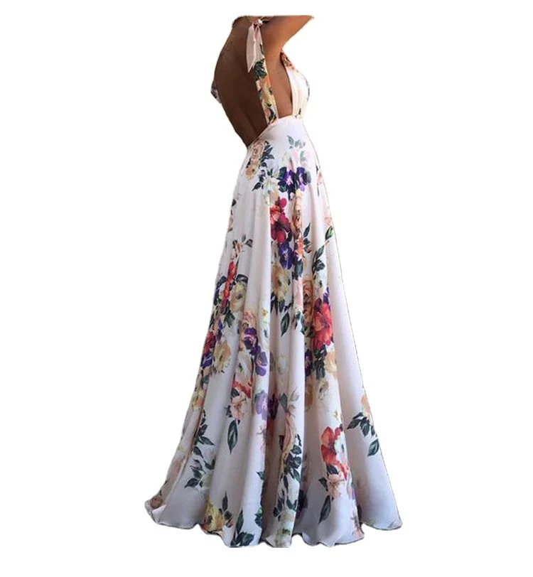 

Sexy V Neck White Floral Causal Maxi Length Women Dress Suitable for multi-scene evening dresses, Picture shown