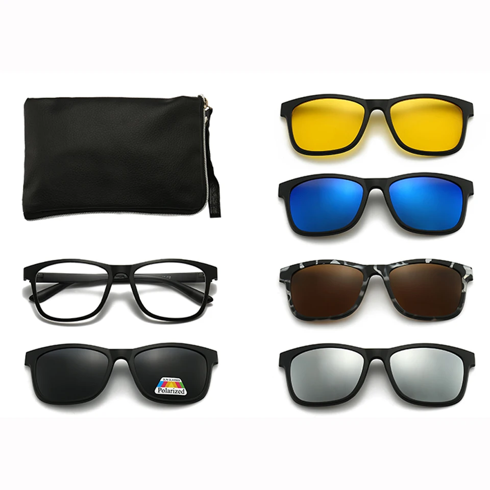 

Fashion clip on Polarized TR90 Sunglasses Magnetic Clip 1 Optical Frame 5 Lenses Spring Hinge Sunglasses