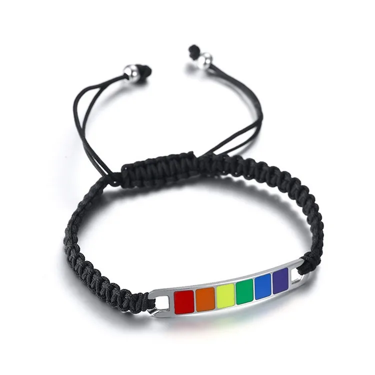 

Fashion Stainless Steel Curved Rainbow Signs Adjustable String Enamel Bracelet for Jewelry