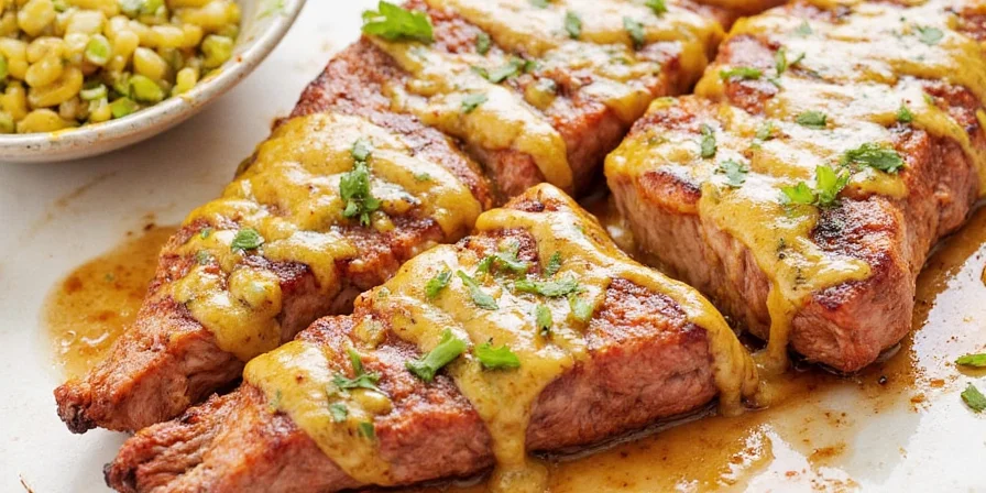 Close-up of mustard crust on steak