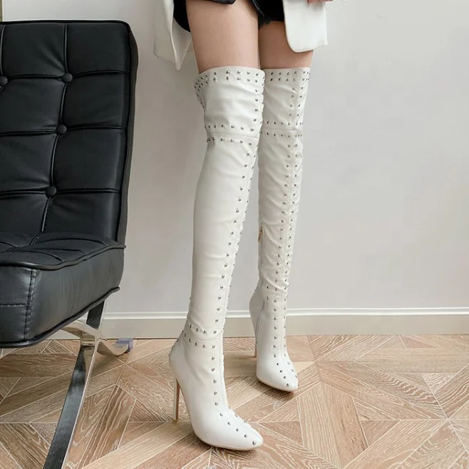 

Big Size 48 High Quality Patent Leather Upper Thin Heel Women Thigh High Booties Side Half-zip Rivets Over Knee High Boots, Black,white,red