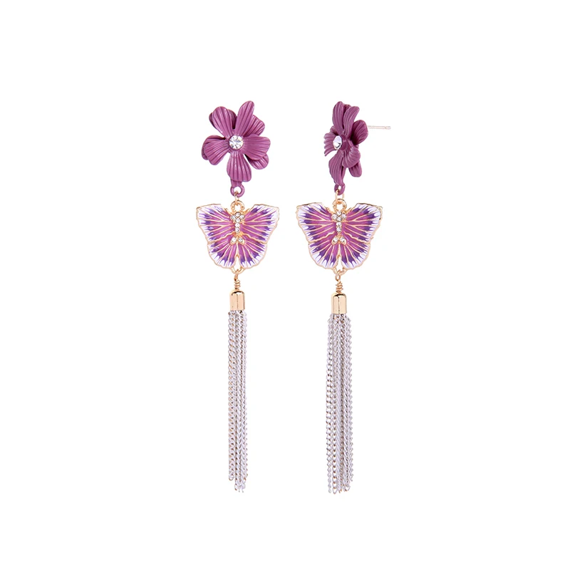 

e982248 Korean Style Long Colorful Enamel Flower Butterfly Metal Tassel Summer Earring For Girls 2021