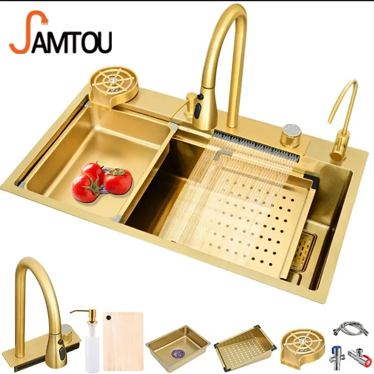 Stainless Steel Kitchen Multifunctional Sink 55 Gold Multifunction Kitchen Sinks  Waterfall Single Bowl Kitchen Sink Set