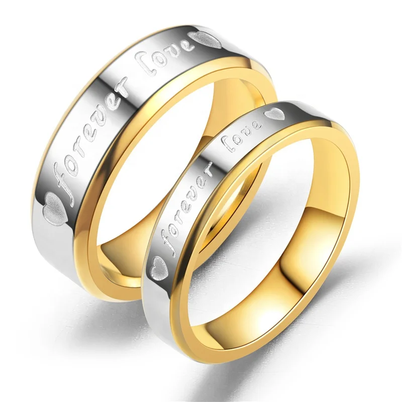 

4MM 6MM Width Two Heart Design Jewelry Plated 18K Yellow Gold Couple 316L Stainless Steel FOREVER LOVE Ring