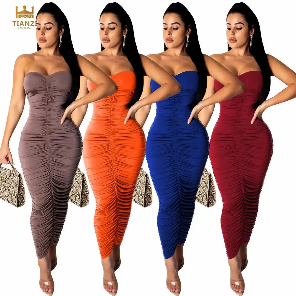 

O4809 - trendy solid off shoulder pleated bandage maxi women dress