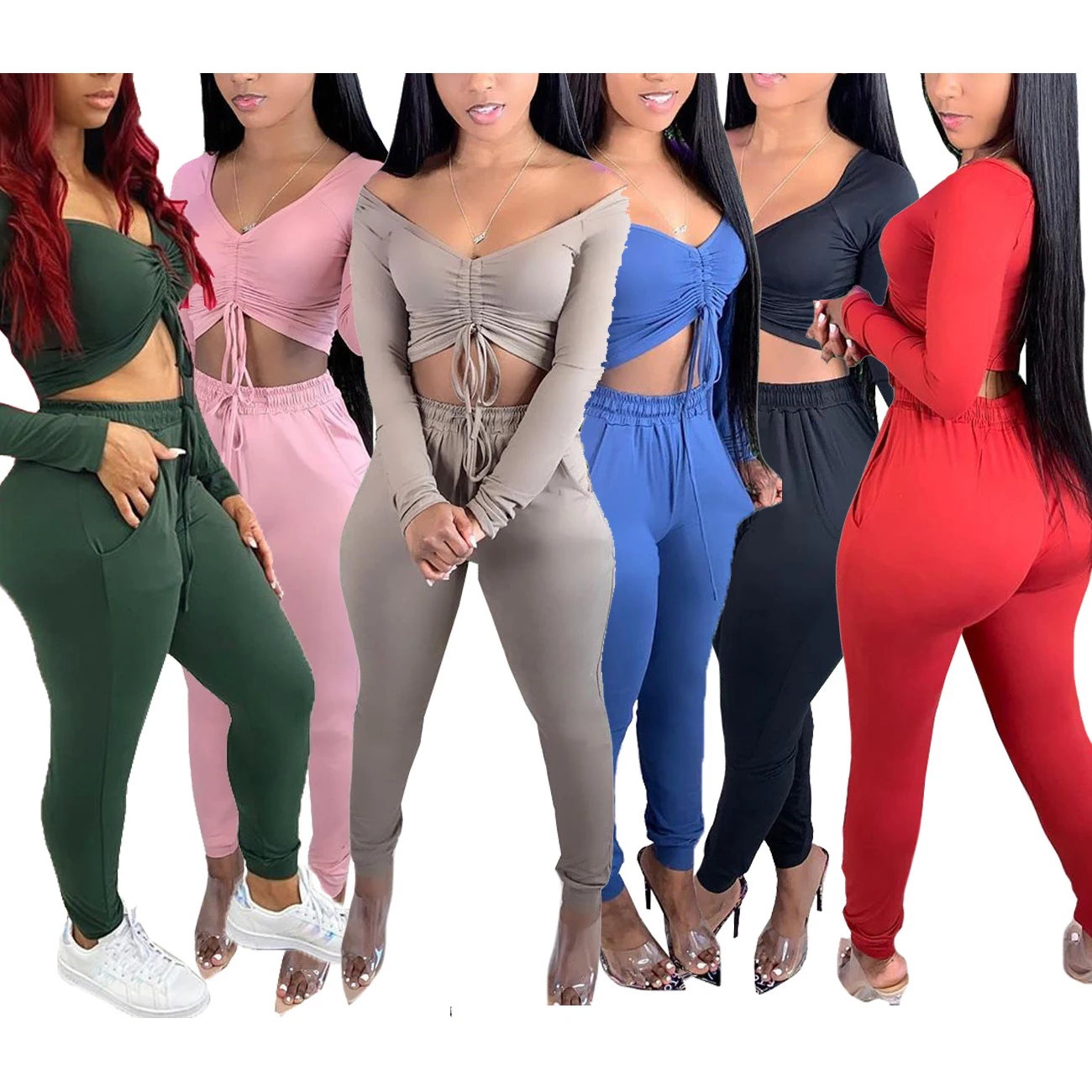 

FS2286D solid colors women long sleeve crop tops and pants Two Piece Sets casual outfits