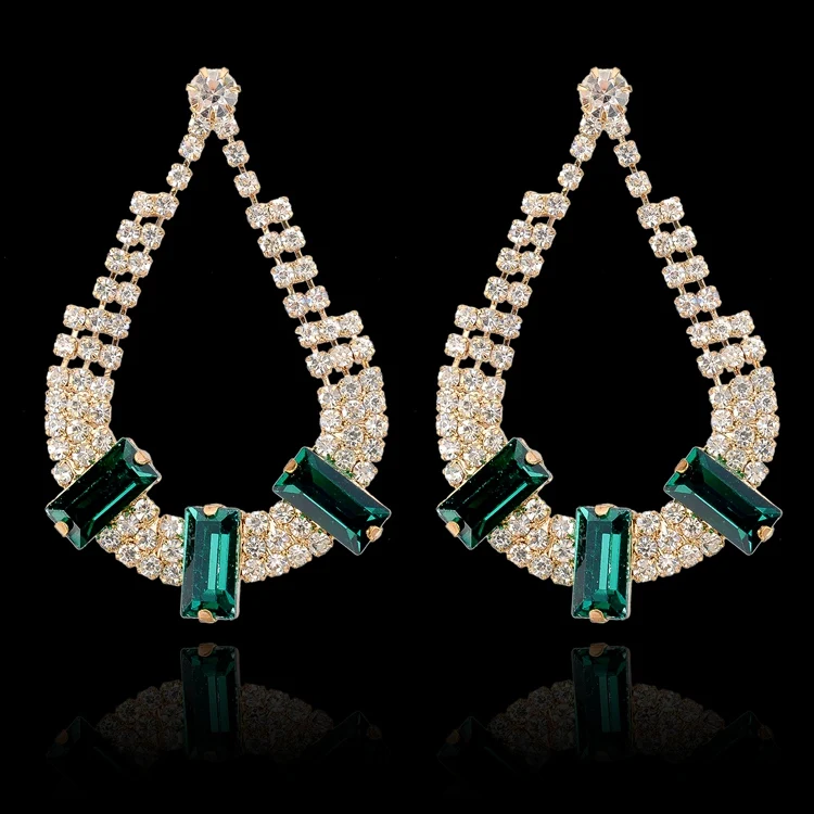 

Wholesale Water drop rectangle blackish green gemstone Rhinestone Drop Earring Stud Crystal full Diamonds tassel needle earrings