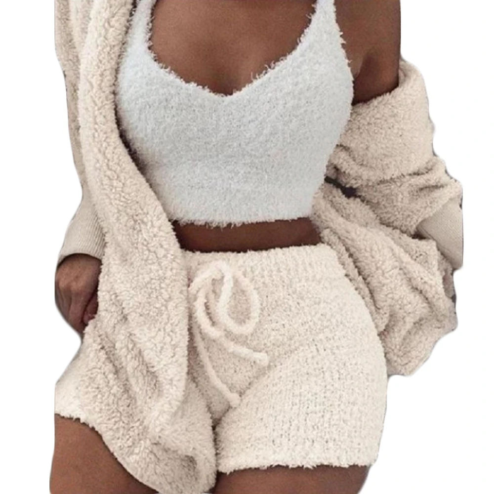 

Wholesale Women Winter Sleepwear Soft Plush Shorts Solid Fleece 3 Piece Pajama Set Pajamas