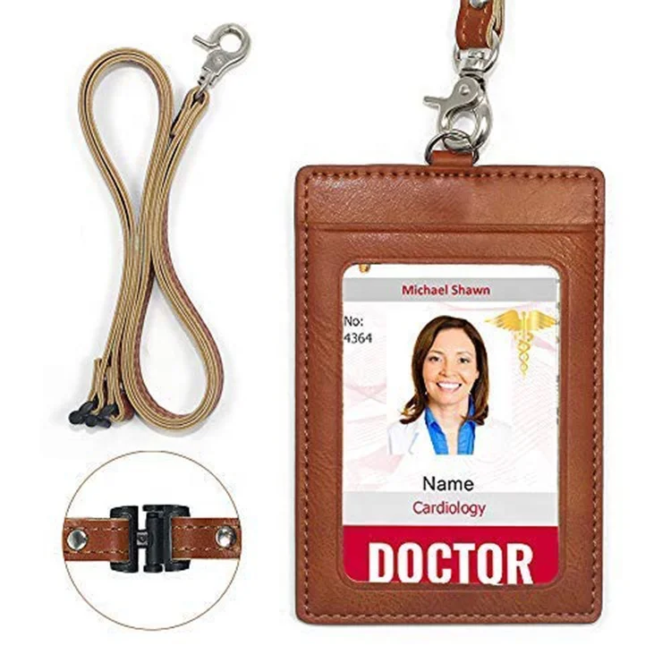 

2-Sided Vertical Genuine Leather ID Badge Holder with Lanyard