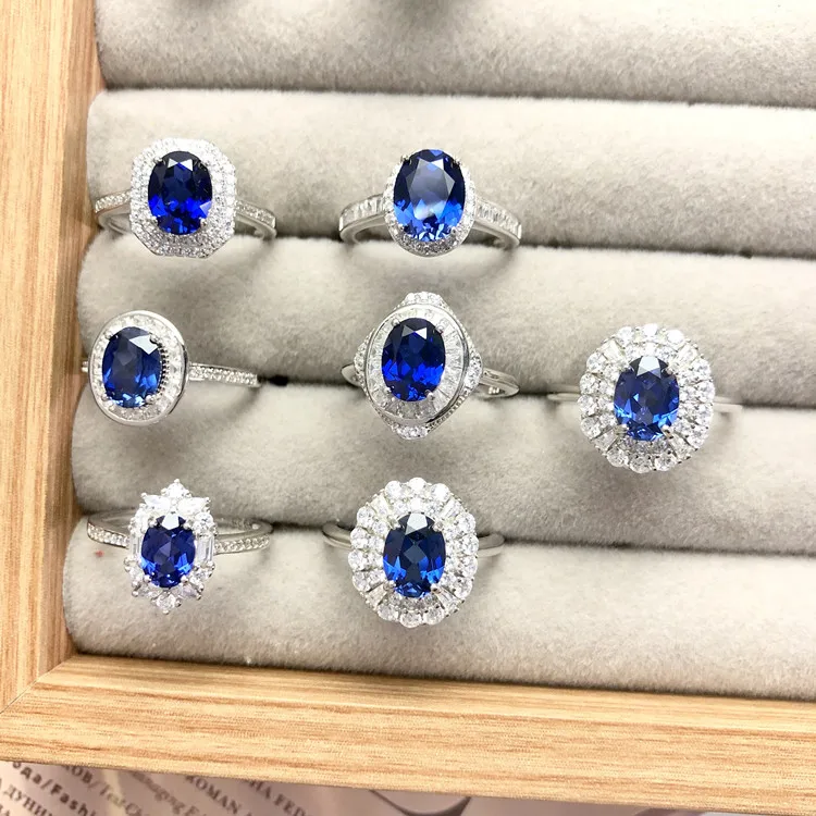 Fashion Jewelry 925 Sterling Silver Ring Lab Grown Gemstone Oval Blue Created Sapphire Ring for Women