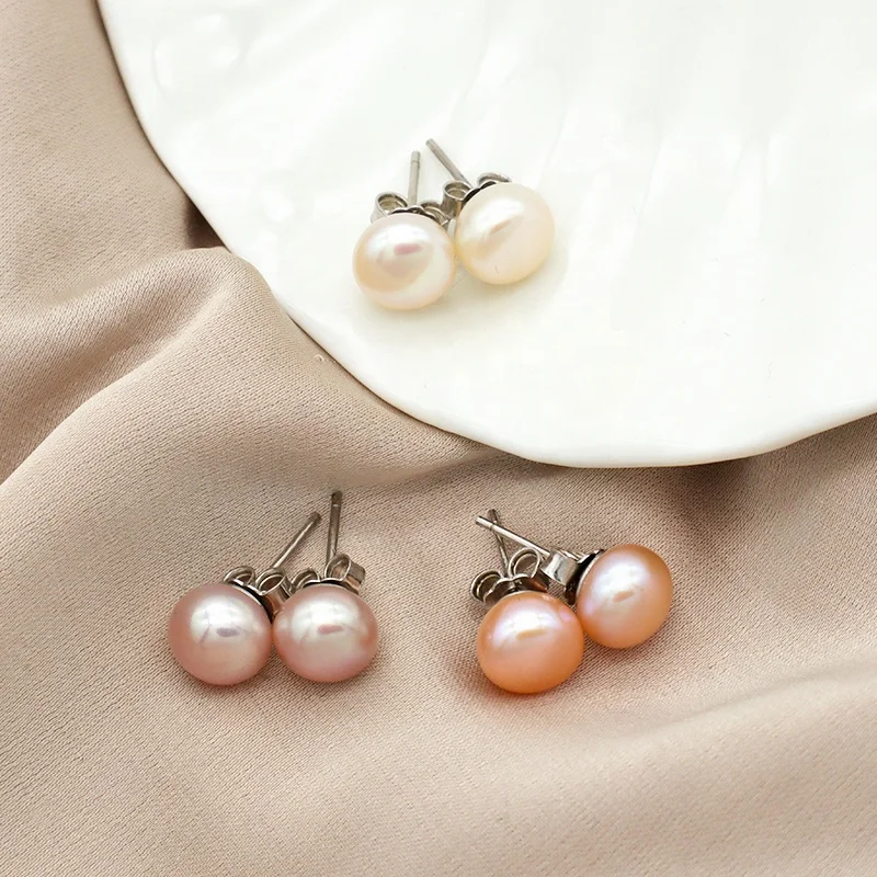 

8mm 925 sterling silver pink white purple natural fresh water pearl stud earrings