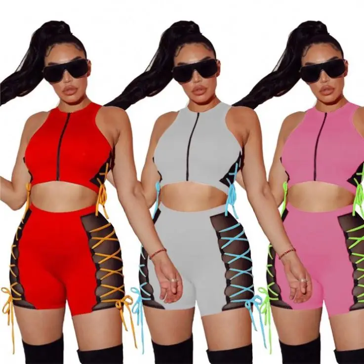 

MISSMOEN Best Seller Sleeveless Crop Top Bandage Women Clothes 2021 Summer 2 Piece Set Women Clothing