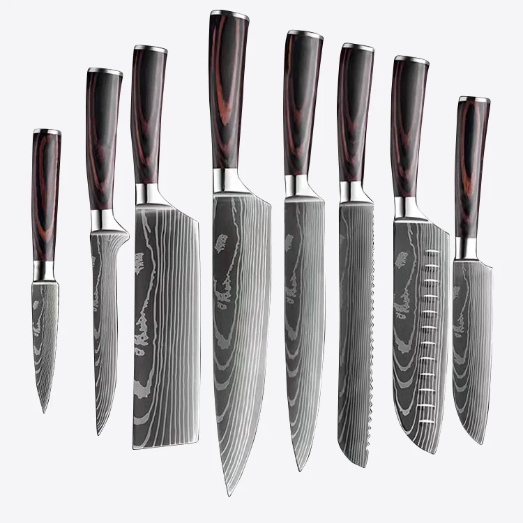 

8pcs Kitchen Chef Knives Set 8 inch 440C High Carbon Stainless Steel Damascus Laser Pattern Slicing Santoku Tool