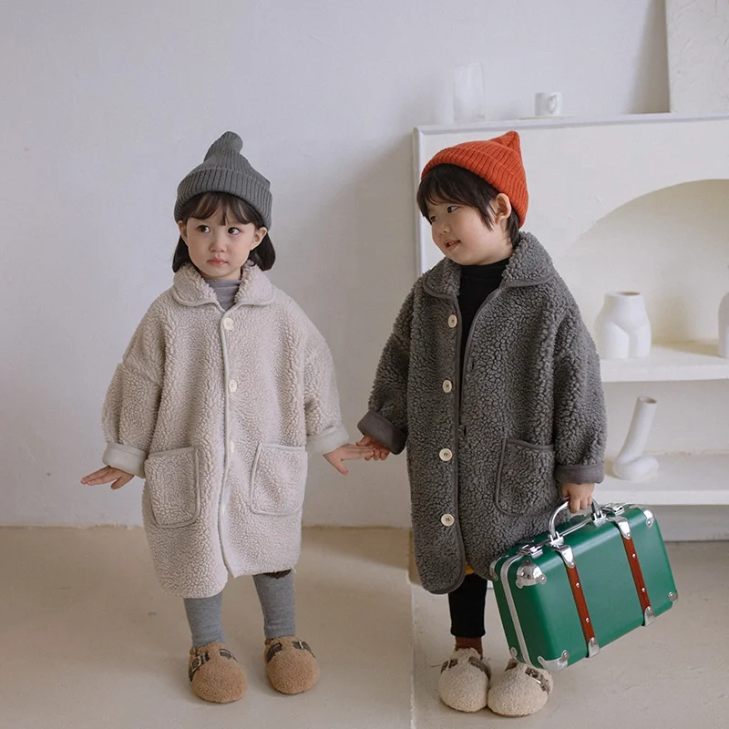 

B63479A New South Korean children's foreign style warm fur cute warm hot selling overcoat, Gray/apricot