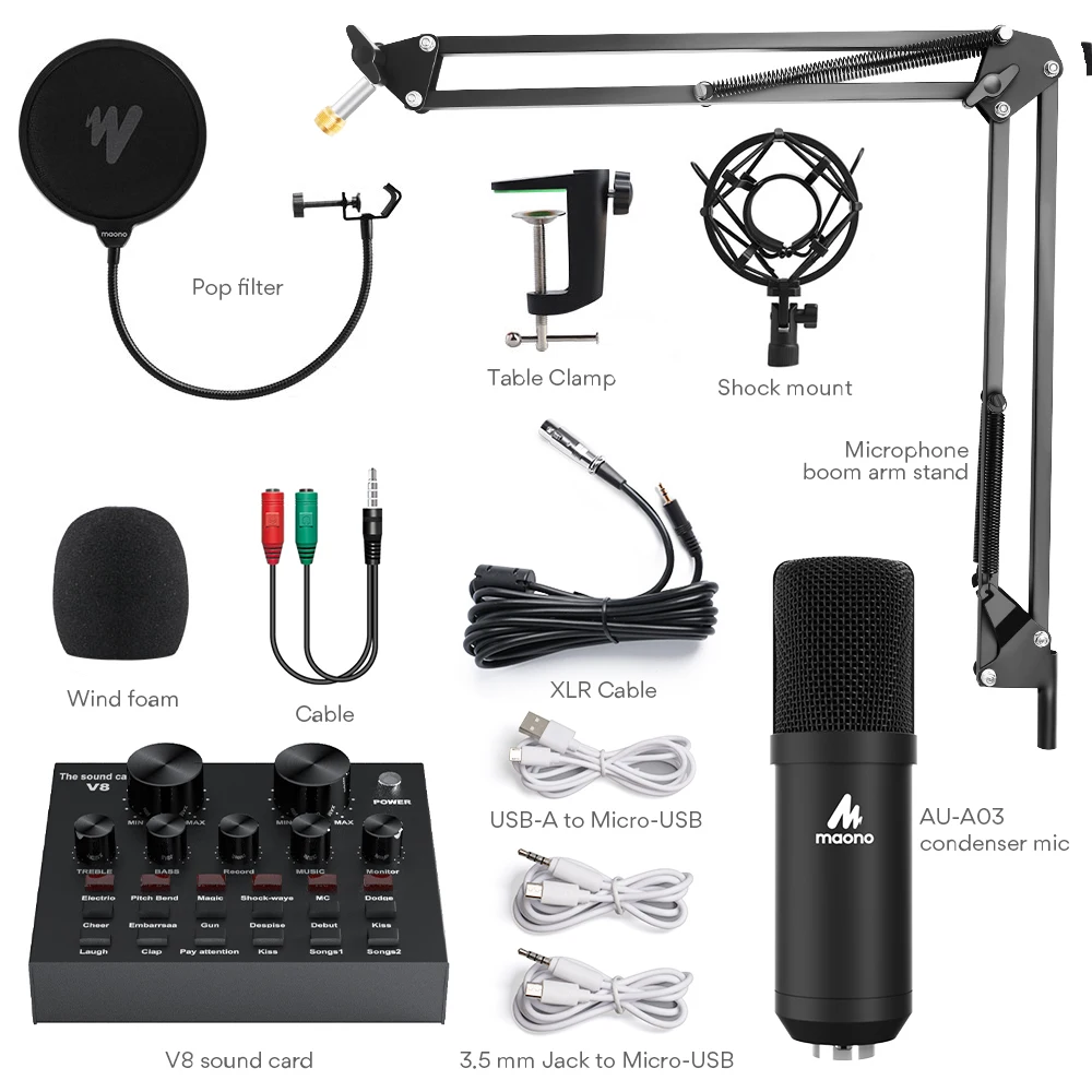 Broadcasting Microphone With V8 Sound Card Recording Live External