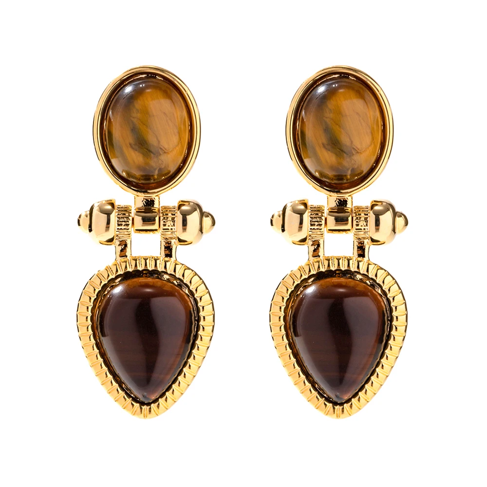 

Vintage Jewelry 18K Gold Plated Brass Long Brown Black Matrix Resin Stud Drop Earring for Girls