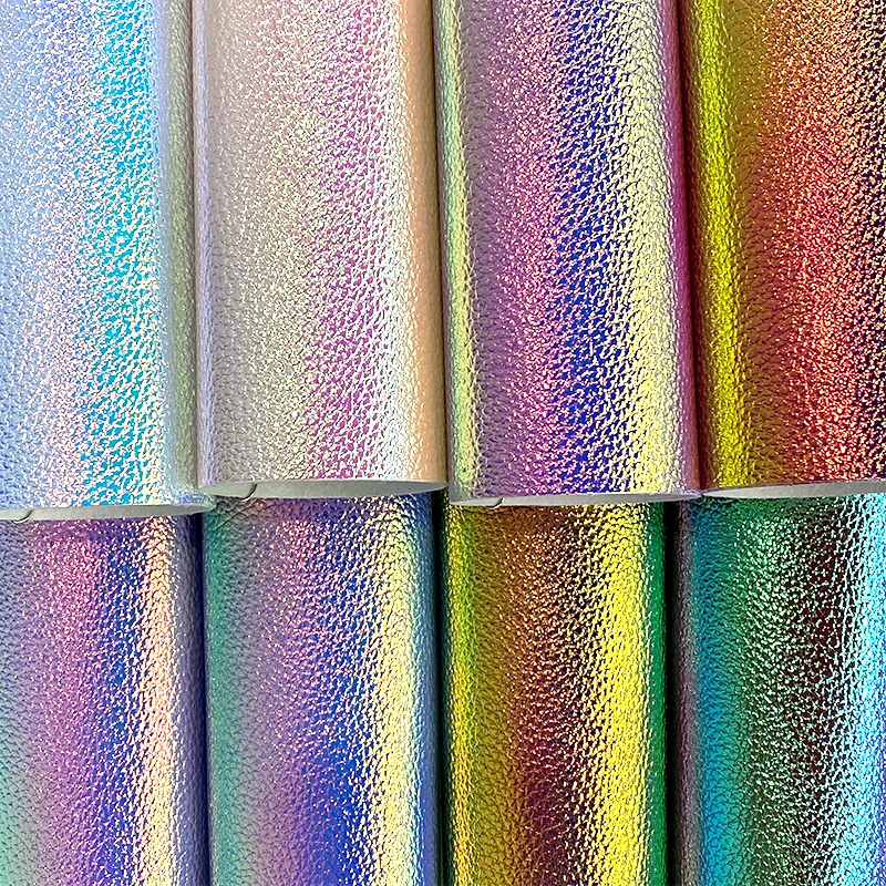 Sparkle Litchi Embossed Holographic Metallic Pu Synthetic Leather for Decorative Box