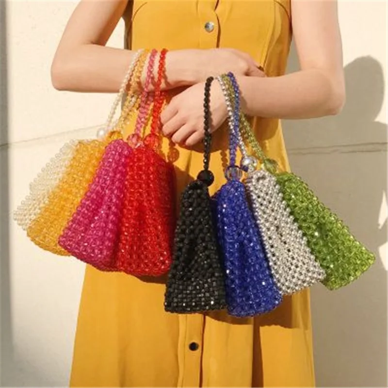 

2020summer ins popular new style hollow out fashion women shoulder bag beach bag crystal acrylic beads weave clutch handbag, Customizable