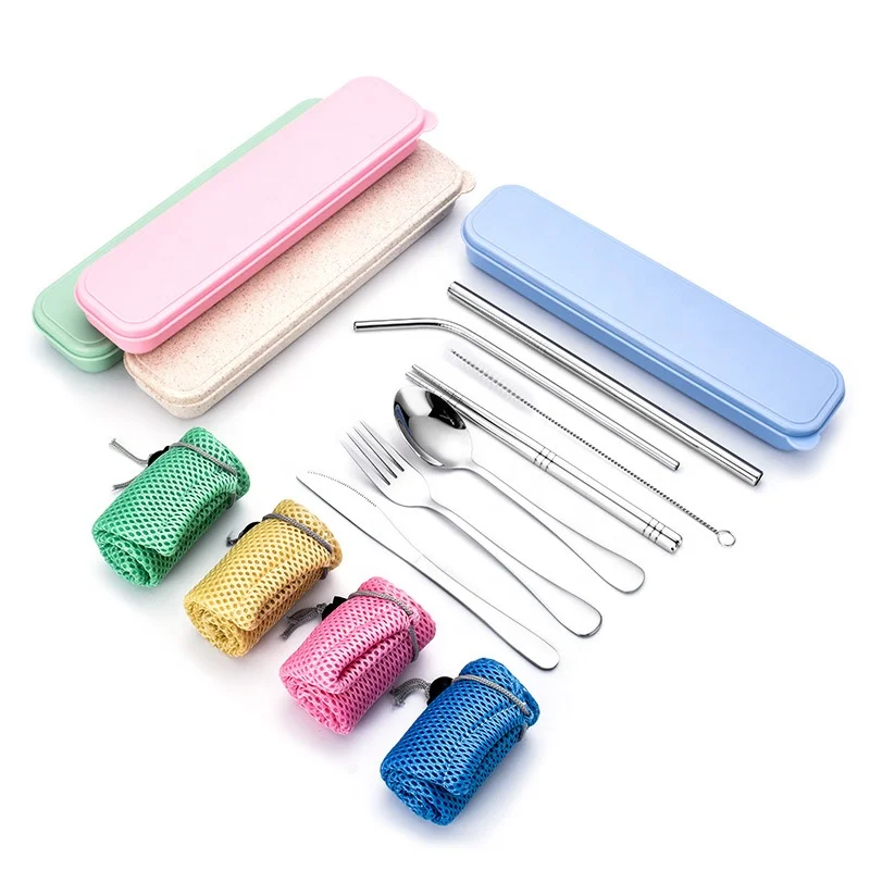 

Travel Reusable Utensils with Case Portable Travel Camping Cutlery Set, 9-Piece Stainless Steel Silverware Set, Blue, pink, beige, green, black