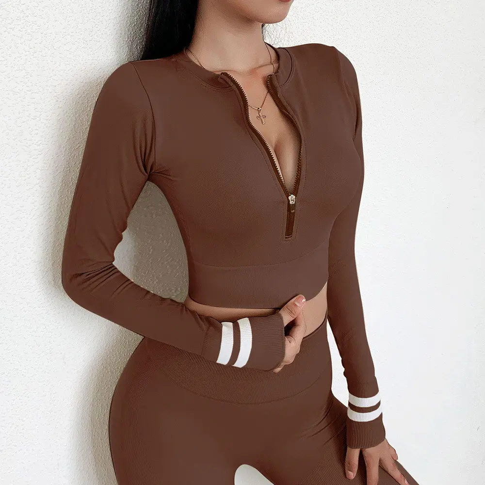 

Athleisure Women Shiny Leggings Ribbed Wear Cropped Hood Deportivo Turtleneck Rated Top Quality Zipper Long Sleeve Yoga Sets